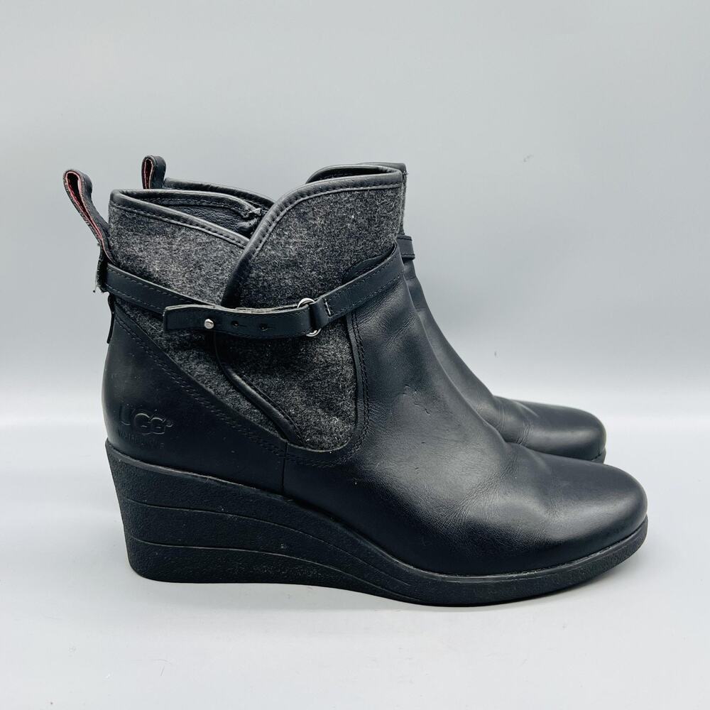 UGG Boots Womens 8.5 Black Leather Waterproof Ankle Strap Wedge Booties Shoes